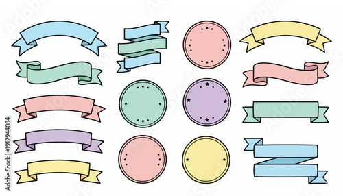Collection of pastel-colored ribbons and circular frames on white background