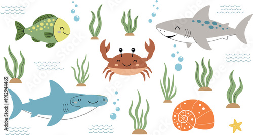 Cute ocean animal illustration set with sharks, fish, crab, shell, starfish, and seaweed in playful style for kids and marine design projects