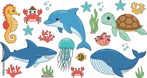 Cute ocean animals illustration set with whale, dolphin, shark, turtle and sea creatures in colorful flat vector cartoon style for kids and marine design