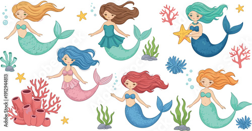 Cute mermaid illustration set with colorful underwater characters, flowing hair, coral and sea plants in flat vector cartoon style for kids and fantasy design