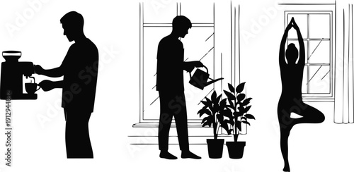 Daily Routine Silhouette of Morning Coffee, Plant Care, and Yoga
