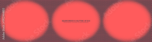 Halftone graphic square bricks pattern triple rounded frame ultra wide 32:9 aspect ratio red black vector abstract background. Half tone retro futuristic panoramic ultrawide format unusual abstraction