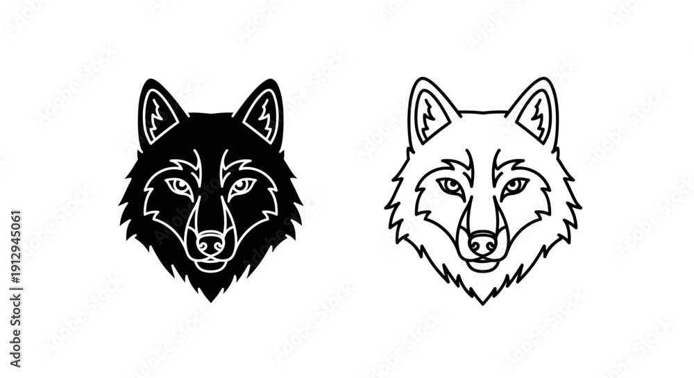 Fototapeta premium Wolf and fox heads illustration, black and white animal art, nature design Vector