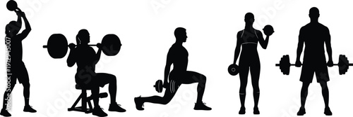 “Silhouette illustrations of weightlifting exercises with kettlebell, barbell, and dumbbell symbolizing strength training, fitness, workout diversity, and gym lifestyle”