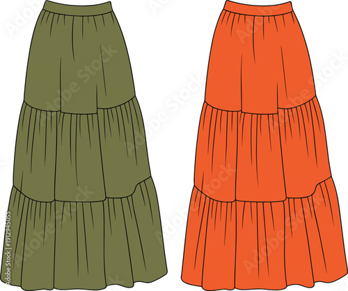 Tiered maxi skirt cad drawing flat vector illustration, front view outline template for fashion design mockup apparel branding