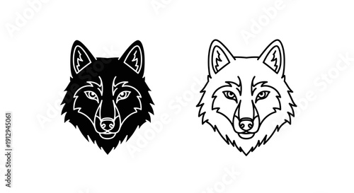 Wolf and fox heads illustration, black and white animal art, nature design Vector