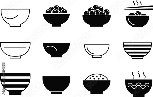 “Stylized silhouette illustrations of bowls with food, steam, and chopsticks symbolizing dining, cooking, culinary arts, and kitchen design”