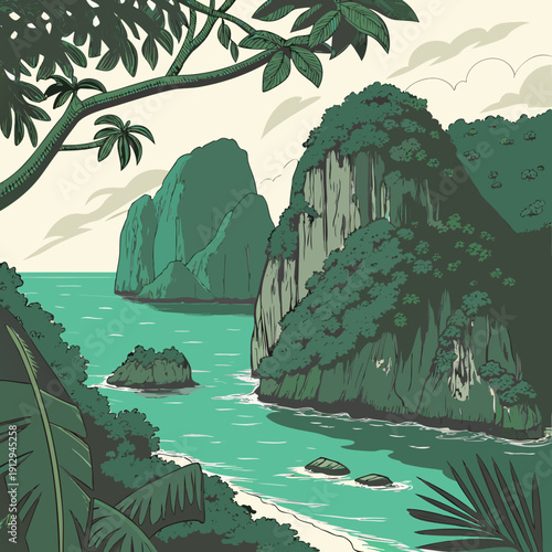 Tropical ocean bay with steep jungle covered cliffs and islands