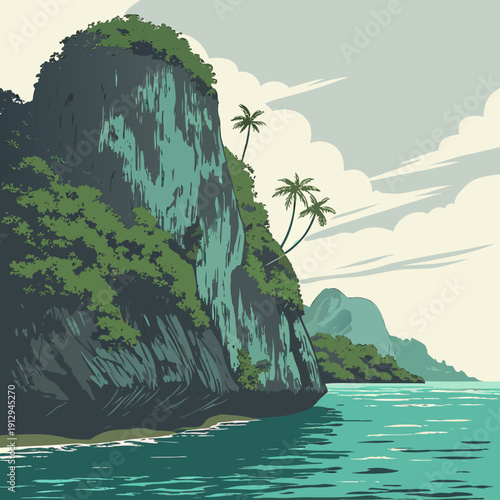 Tropical island with steep rocky cliffs and calm turquoise sea