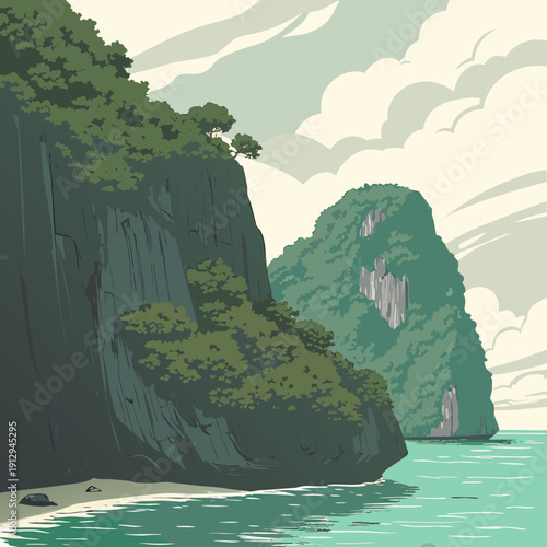 Calm ocean water surrounded by steep green rocky cliffs