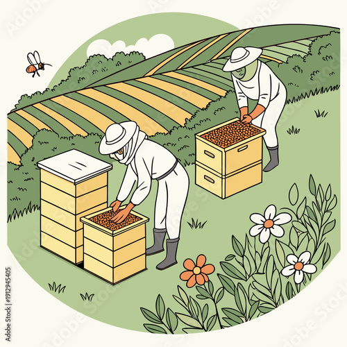 Beekeepers in white suits tending apiary boxes in green field with flowers