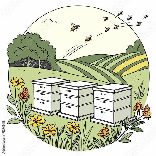 Of beehives in a field with flowers and flying bees