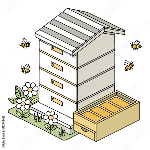 Beehive with bees and flowers on green grass apiary
