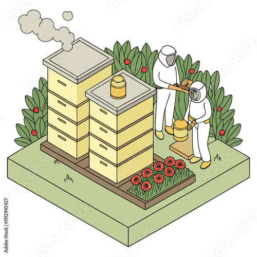 Beekeepers in white suits tending apiary with yellow hives and red flowers