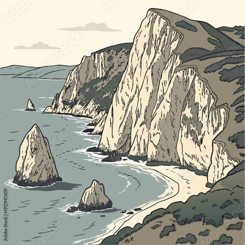 Natural island rock formations rising sharply from ocean shore