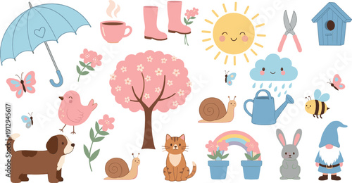 Cute spring illustration set with garden animals, flowers, rain, sun, rainbow, tools, and cozy nature elements for kids, nursery, and seasonal design projects