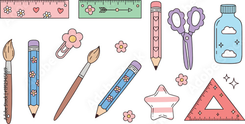 Cute stationery illustration set with pencils, ruler, scissors, paintbrush, glue bottle, paper clip, and decorative school supplies in pastel style
