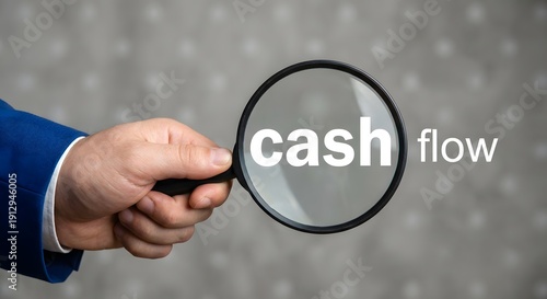 Businessman examining the words cash flow through a magnifying glass, concept of financial analysis and scrutiny