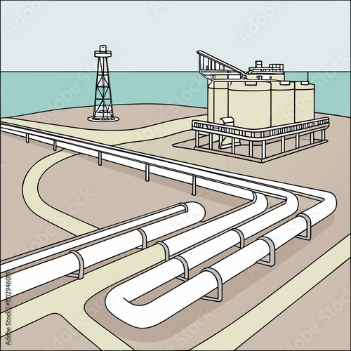 Offshore L N G supply concept with curved pipelines and platform