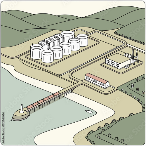 Offshore L N G supply facility with storage tanks and curved pipelines