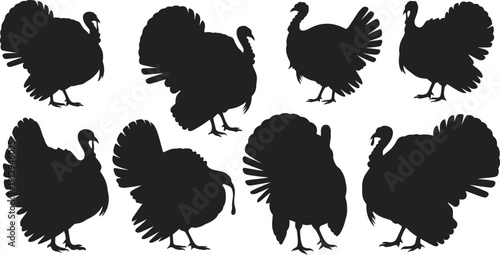 Turkey silhouettes collection, bird vector set, wildlife illustration, black feather icons, poultry pictograms, farm animal design, Thanksgiving art, seasonal graphics