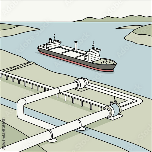 Offshore L N G tanker connected to loading terminal via pipeline