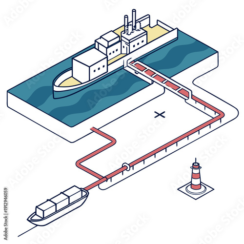 Offshore L N G transport system with pipes leading to docked tanker