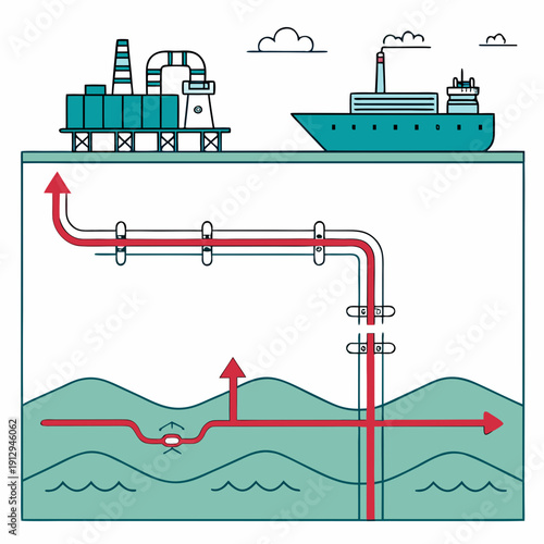 Offshore L N G transport system with pipes leading to facility and ship
