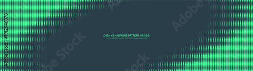 Dash grid halftone pattern tilted elliptical frame ultra wide 32:9 aspect ratio mint green vector conceptual dynamic abstract background. Dashed half tone ultrawide retro futuristic technology concept