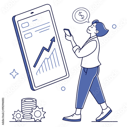 Person checking financial progress on mobile device with growing graph