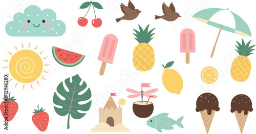 Cute summer illustration set with tropical fruits, ice cream, beach elements, sun, birds, umbrella, and playful pastel icons for kids and seasonal designs