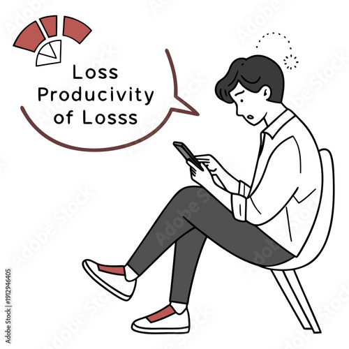 Man sitting on chair looking at phone with productivity loss concept