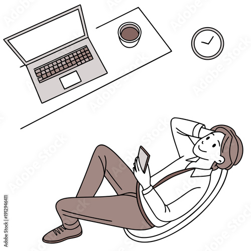 Man reclining in chair with laptop coffee and clock on desk