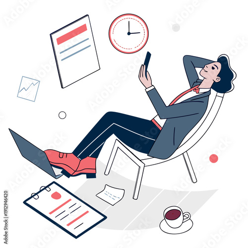 Businesswoman relaxing in chair with phone and office around her