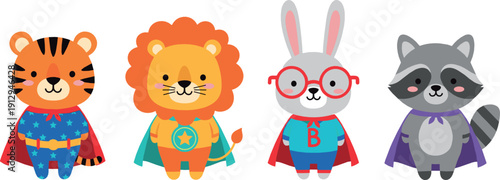 Cute superhero animal characters illustration set with tiger, lion, rabbit, and raccoon in colorful costumes for kids, comics, and playful design projects