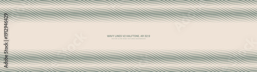 Diagonal wavy lines halftone pattern extended border ultra wide 32:9 aspect ratio vintage green vector abstract backdrop. Striped structure half tone ultrawide format guilloche styled abstraction