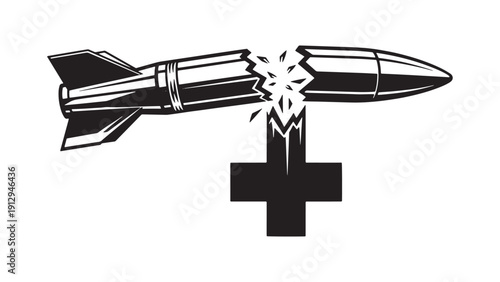 Explosive Projectile Impacting Hospital Cross, Emergency Damage to Medical Facilities and Humanitarian Response Illustration