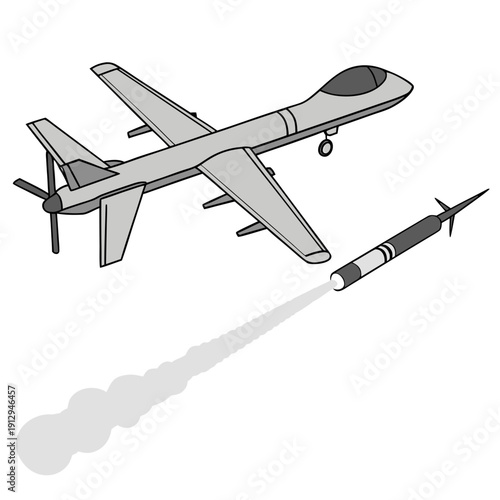 Gray unmanned aerial vehicle launching missile drone
