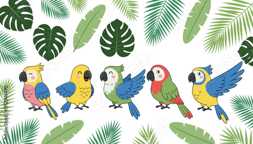 Cute tropical parrots with palm leaves colorful exotic birds playful cartoon vector illustration for kids designs jungle themes and summer decorations
