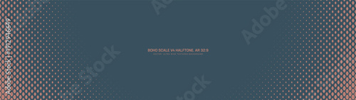 Boho scale halftone pattern faded rounded border ultra wide 32:9 aspect ratio pale brown vector abstract background. Bohemian vintage styled half tone panoramic format fancy graphical abstraction