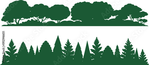 Green forest tree silhouettes border set, deciduous canopy and pine woodland landscape, natural nature scenery vector illustration