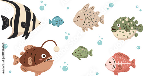 Cute underwater fish illustration set with colorful sea creatures, bubbles, and playful ocean animals for kids, education, and marine themed design projects