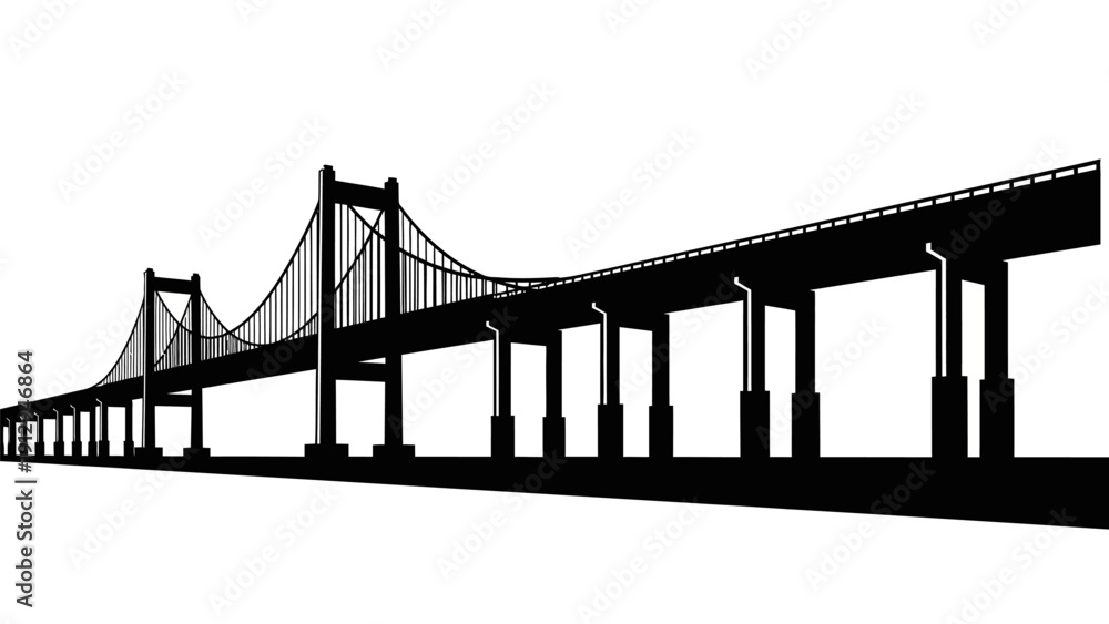 Fototapeta premium Long Suspension Bridge Silhouette Against White Sky.