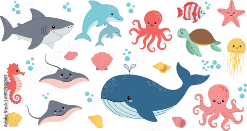 Cute underwater sea animal illustration set with whale, shark, dolphin, octopus, turtle, stingray, fish, and colorful marine elements for kids designs