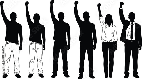 Silhouette group of diverse people raising fists in unity, protest or empowerment concept, isolated vector style figures on light background for social themes