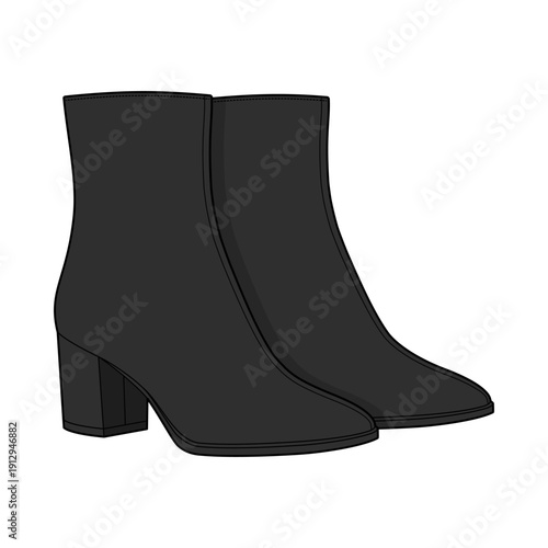 Black Block Heel Ankle Boots Technical Fashion Illustration. Sleek Mid-Heel Short Boot CAD Vector Template.