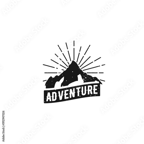 Vintage Adventure Mountain Logo with Sunburst and Distressed Texture for Outdoor Exploration Design