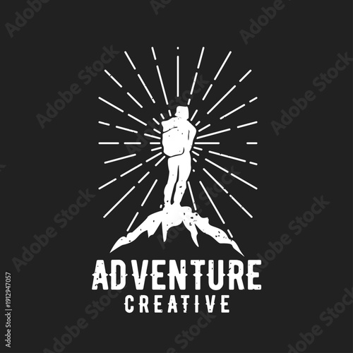 Vintage Adventure Hiker on Mountain Peak Silhouette with Radiant Sunburst and Creative Text Logo Design
