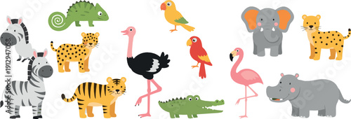 Cute wild animals cartoon set with zebra tiger elephant flamingo crocodile and exotic birds playful vector illustration for kids and nursery designs