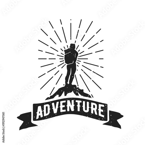Hiker silhouette on mountain peak with sunburst and adventure text banner, vintage outdoor travel logo